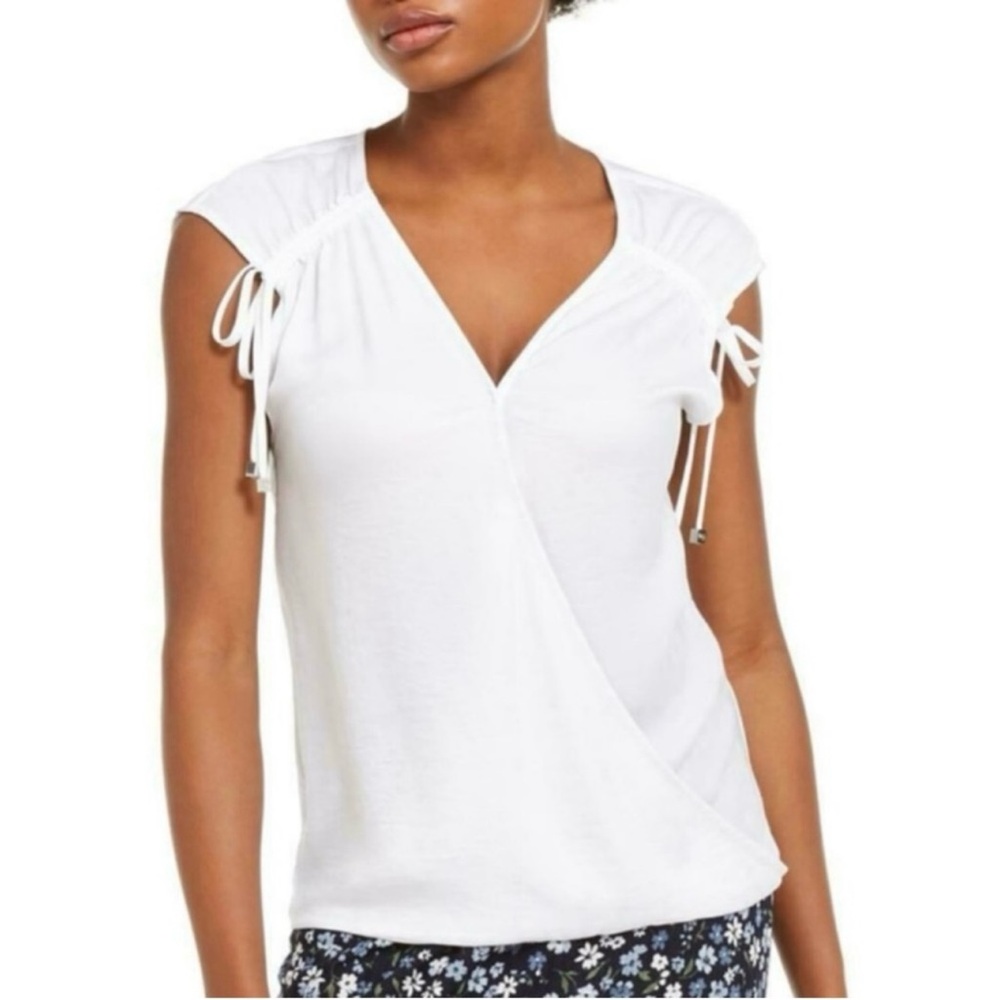 Michael Kors Satin Scrunched Tie Sleeve Wrap Top XL White